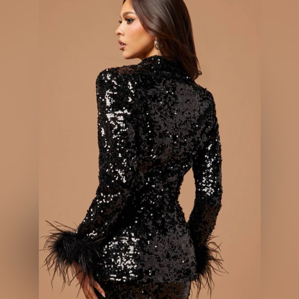 Black Sequin Blazer with Feather Cuffs - Picture 5 of 15